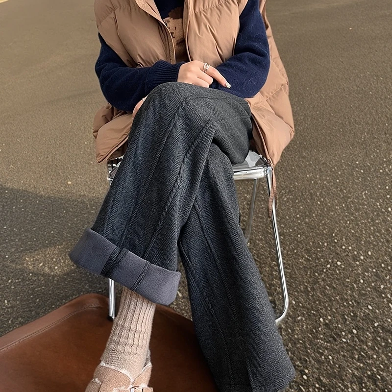 高档直筒宽松裤子女春秋2025新款高腰直筒毛呢裤梧桐裤百搭阔腿裤