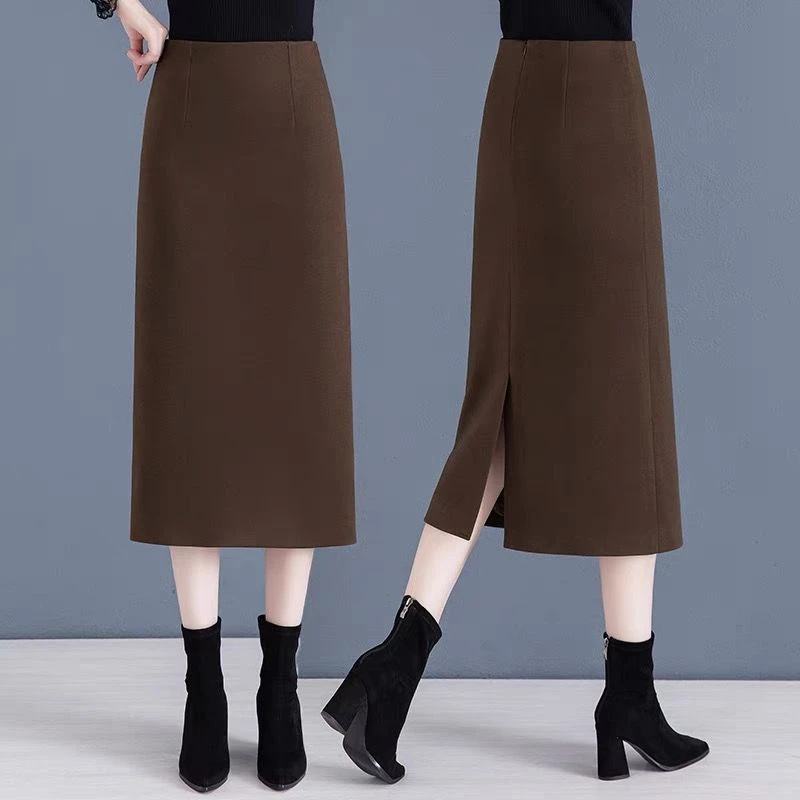 毛呢半身裙女秋冬新款高级感中长款高腰开叉加厚直筒包臀一步裙子