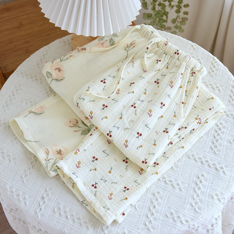 春秋夏季绉布印花纯棉纱布双层薄款可外穿睡裤女士家居裤居家裤子