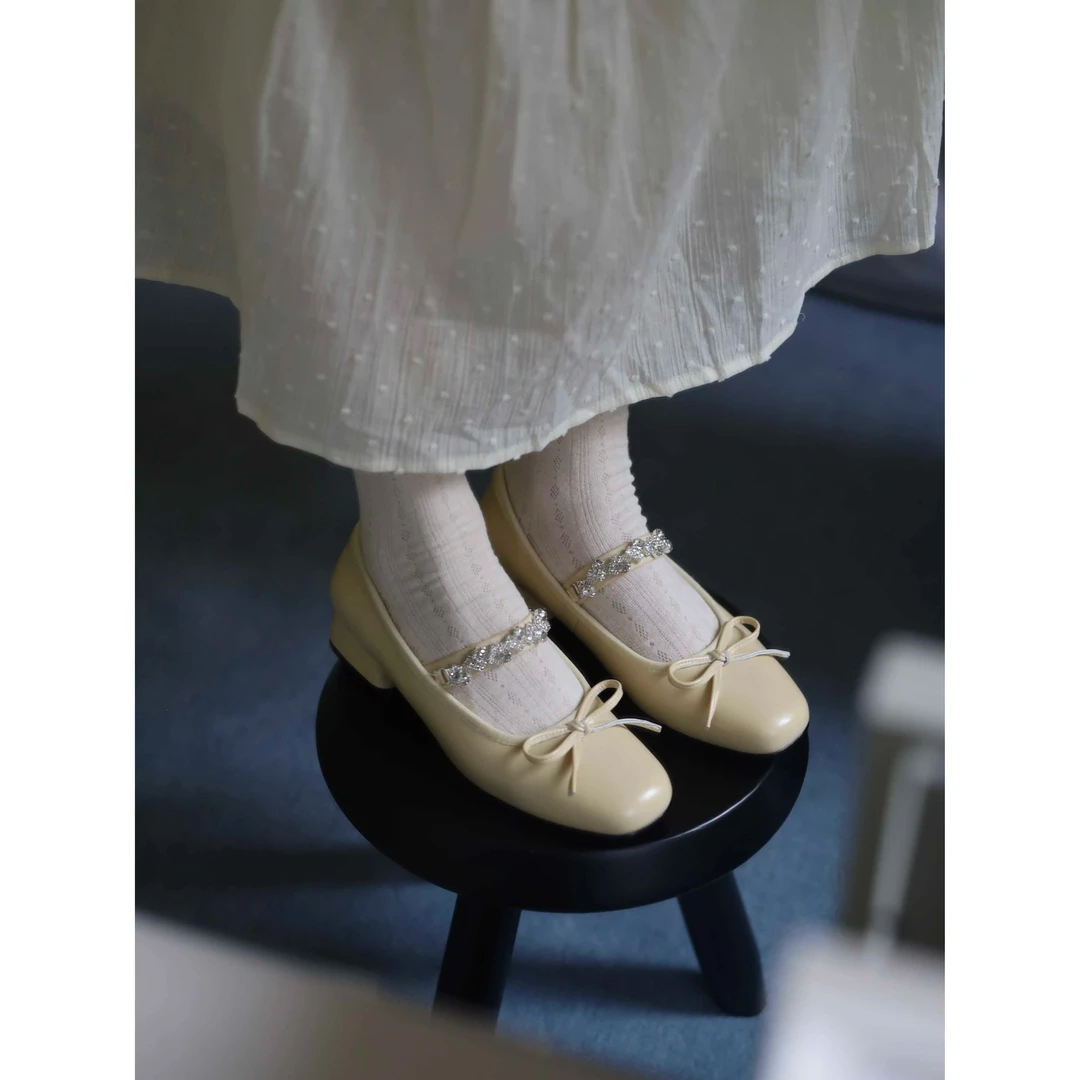 蝴蝶结玛丽珍鞋砖链款法式复古粗跟浅口单鞋子