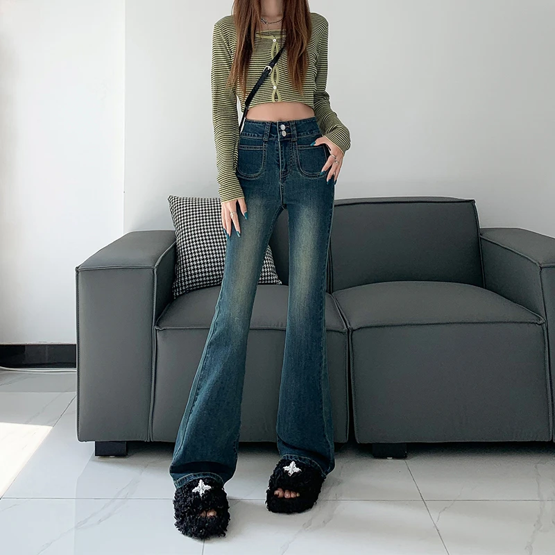 早秋新款高腰显瘦微喇叭牛仔裤女2025年高腰修身弹力小个子九分裤