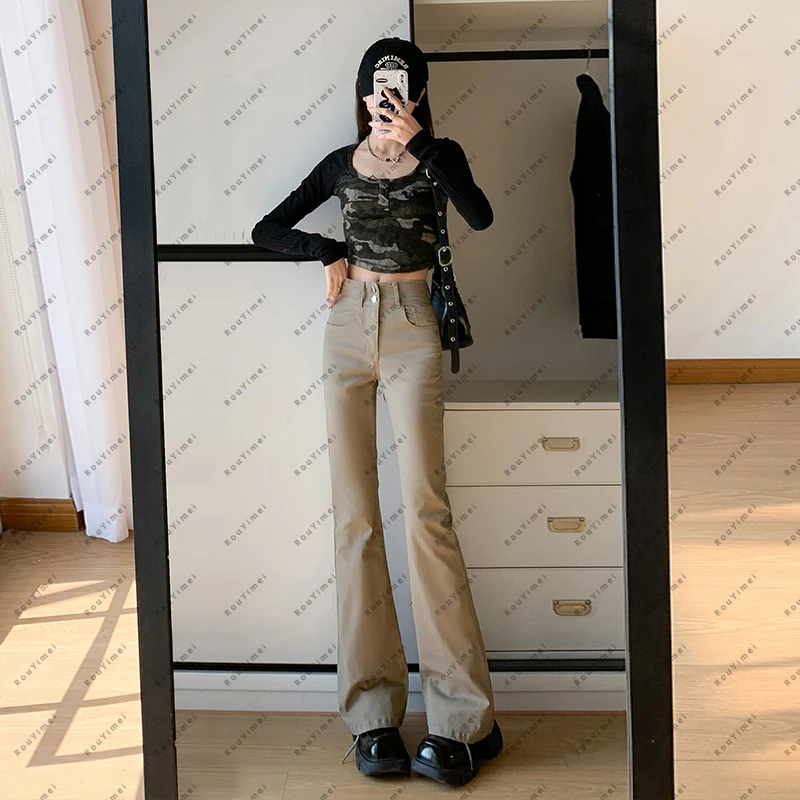 ROUYIMEI/柔伊美秋季牛仔裤女高腰美拉德休闲拖地喇叭裤微喇裤