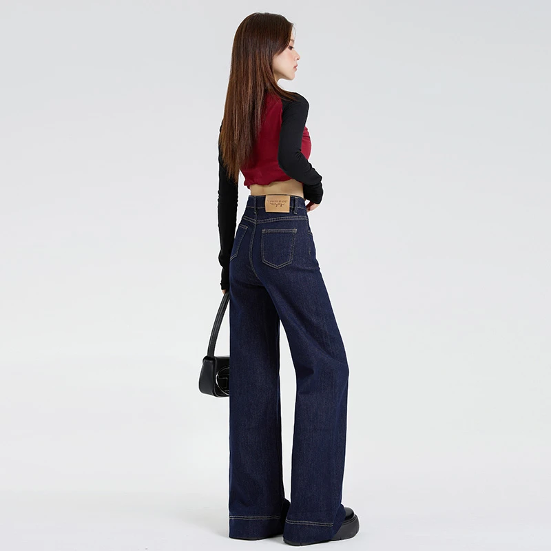 丹宁色秋季新款高腰弹力喇叭裤宽松阔腿显瘦拖地牛仔裤/长裤/加长