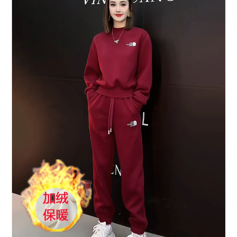 仙梦语秋冬加绒时尚休闲运动套装女酒红色圆领卫衣喜庆穿搭一整套