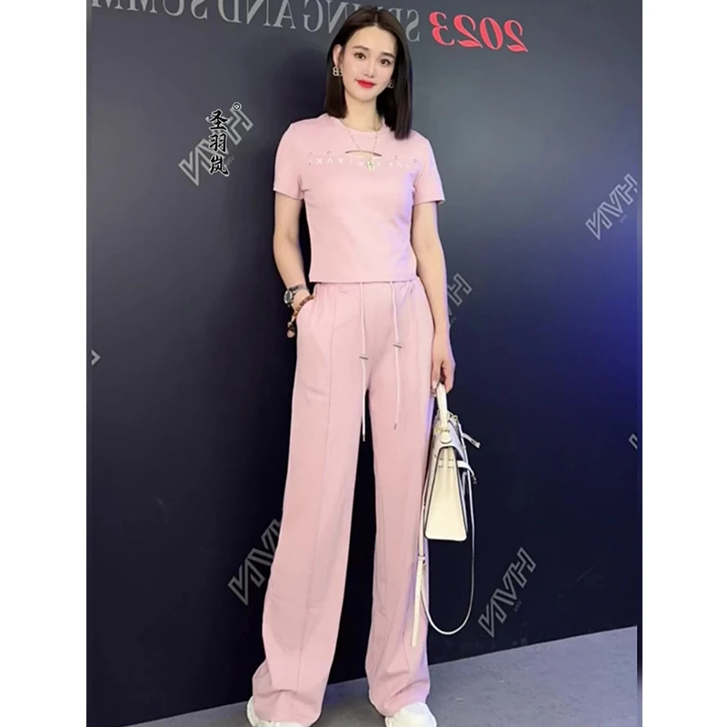 仙梦语夏季时尚休闲运动套装女粉色镂空短袖阔腿裤洋气减龄两件套