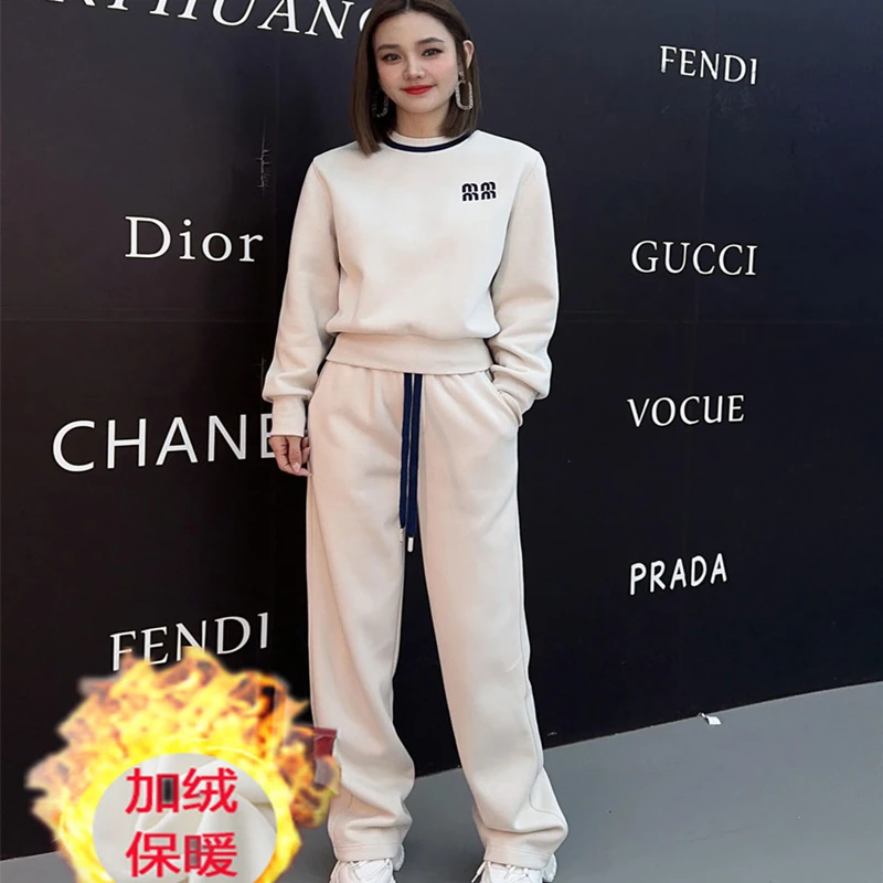 秋冬加绒卫衣女套装圆领宽松收腰瘦版阔腿裤网红时尚气质休闲运动