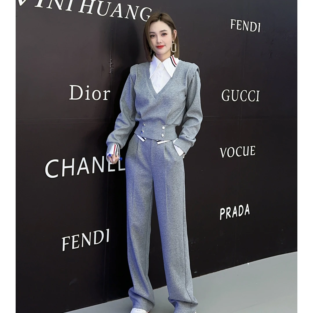 仙梦语假两件衬衣领短款收腰阔腿裤两件套女装秋季时尚休闲气质