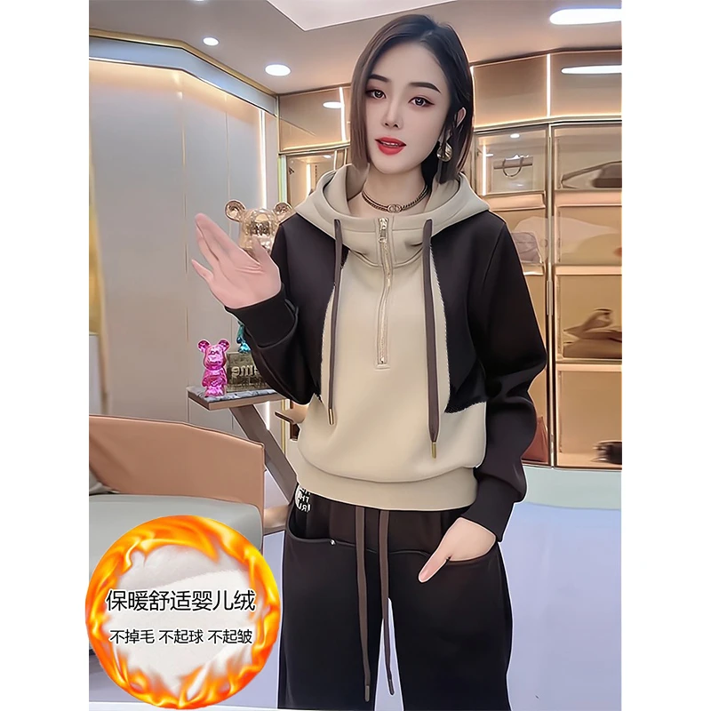 仙梦语秋冬加绒保暖连帽卫衣女套装冬季运动装时尚拼色宽松显瘦