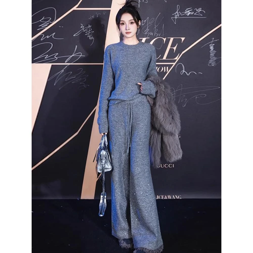 港风休闲时尚套装女秋2024新款洋气宽松灰色针织卫衣阔腿裤两件套