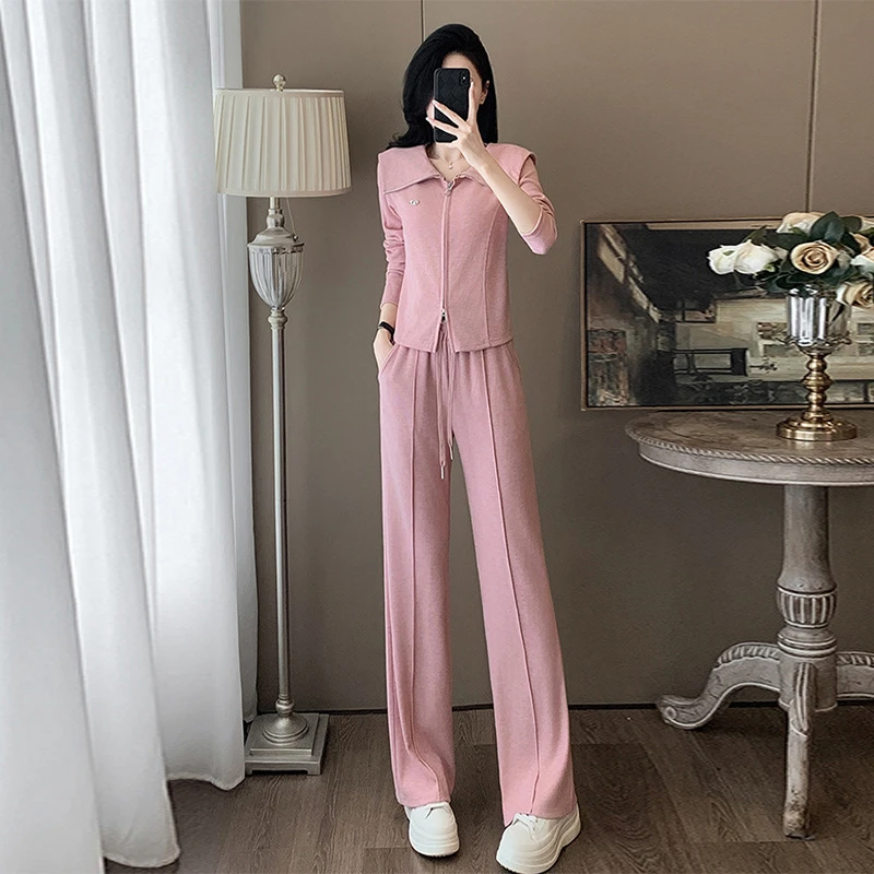 可盐可甜休闲运动套装女装2024秋季洋气粉色外套上衣阔腿裤两件套