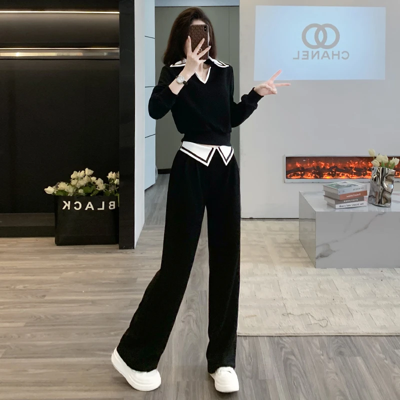 仙梦语春秋短款卫衣高腰直筒裤休闲套装女小个子显高时尚设计感