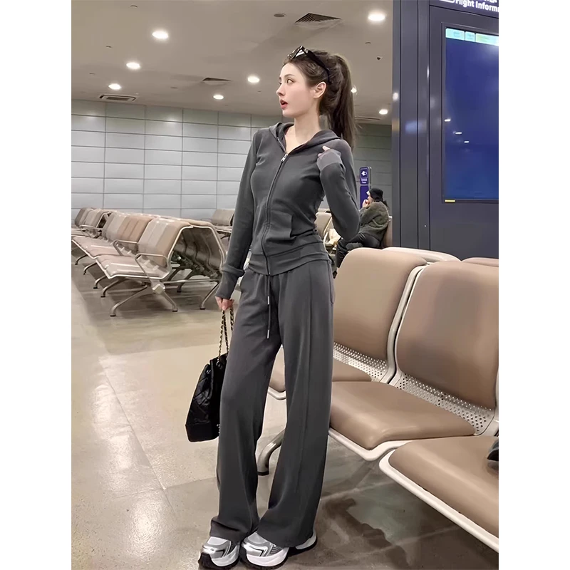 秋季网红爆款休闲运动套装女修身连帽开衫阔腿裤时尚两件套卫衣