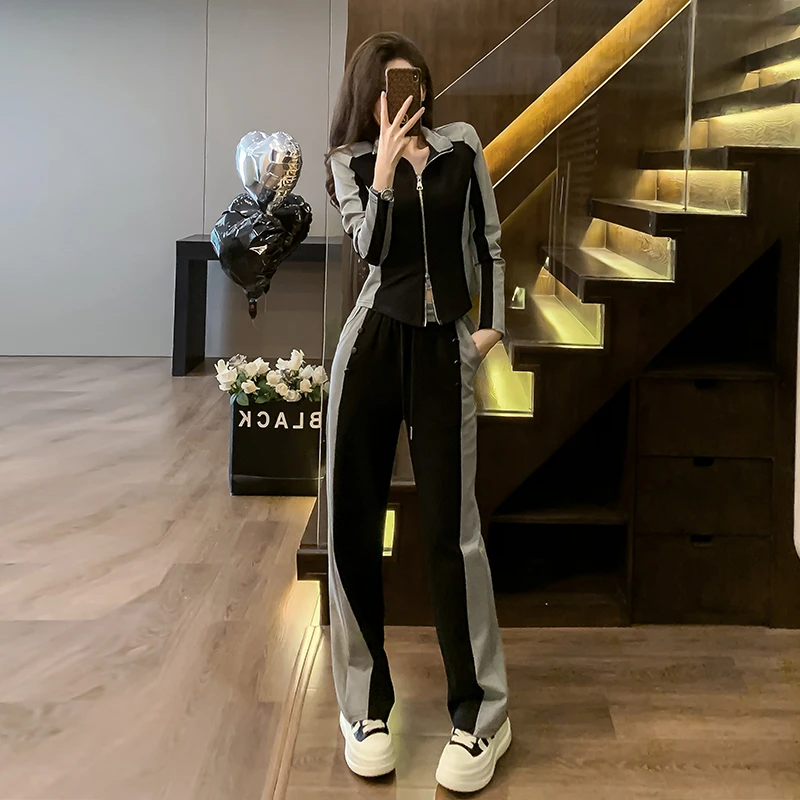 春秋短款开衫立领高腰直筒阔腿裤两件套女装网红时尚拼色减龄显瘦