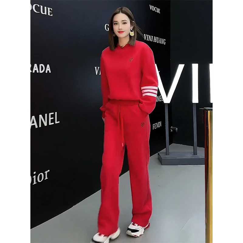 仙梦语秋冬加绒圆领卫衣直筒裤宽松休闲套装女红色本命年喜庆穿搭