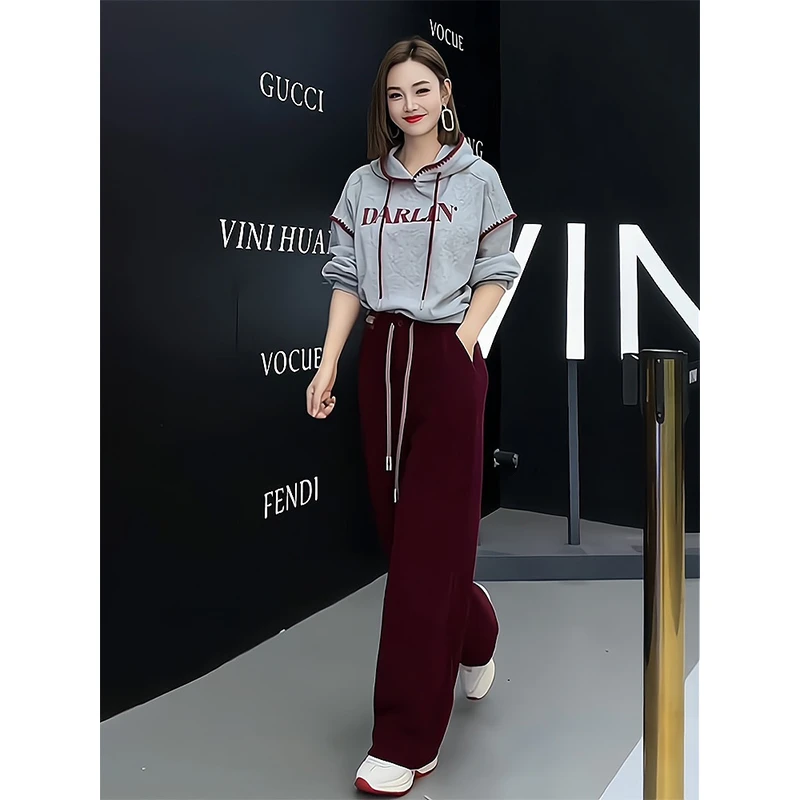 仙梦语春秋宽松连帽卫衣阔腿裤两件套网红时尚休闲撞色设计感炸街