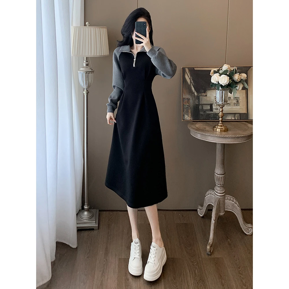 韩版黑色卫衣连衣裙女秋冬季收腰显瘦欧货小个子穿搭休闲长裙气质