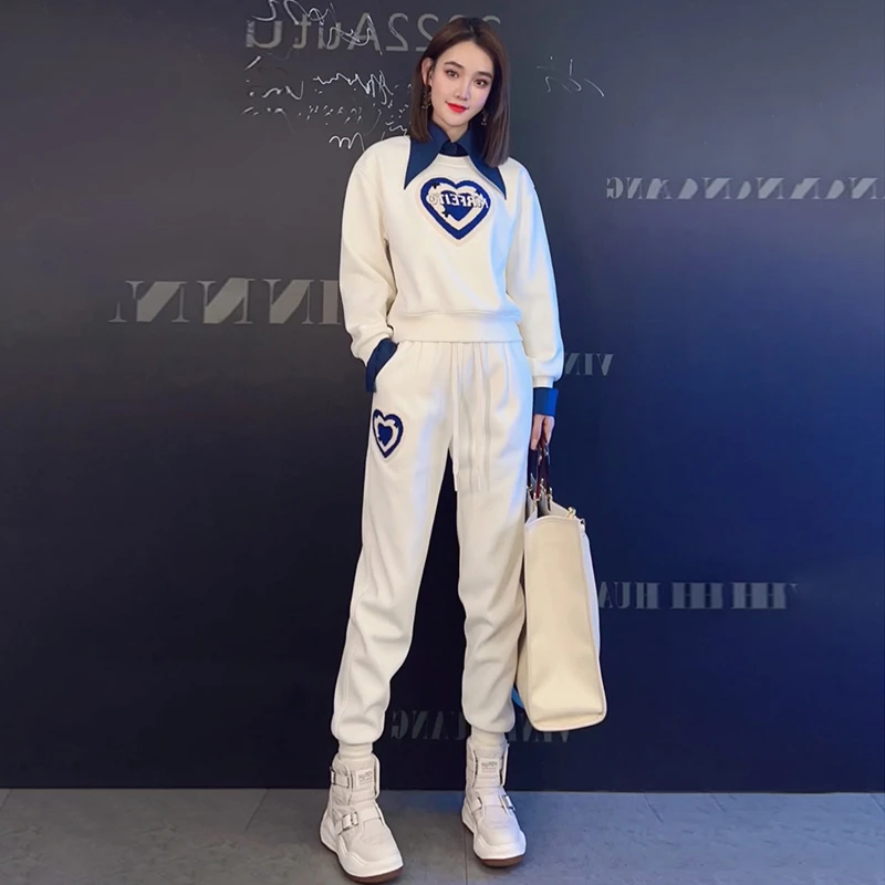 仙梦语休闲套装女春季新款时尚洋气撞色假两件衬衣领卫衣束脚裤