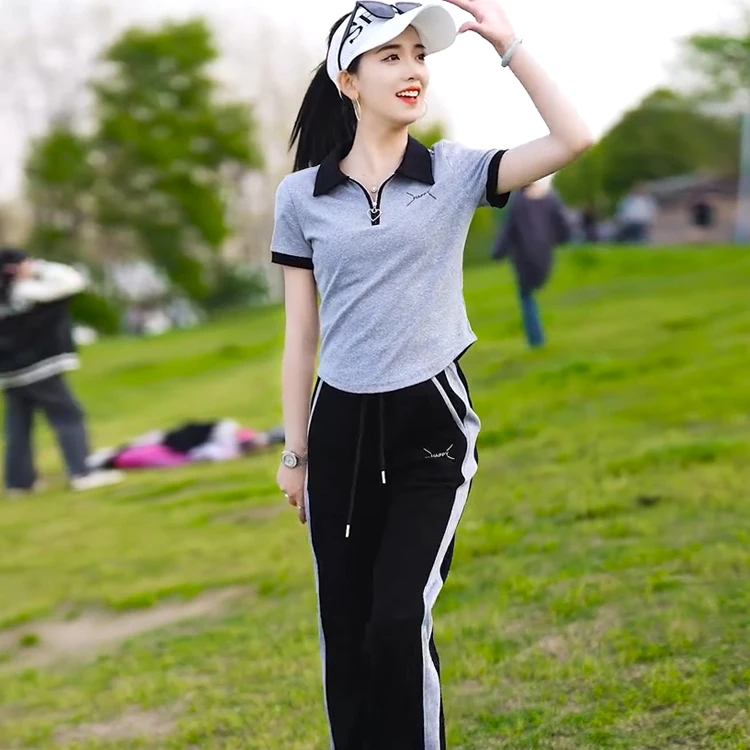 仙梦语夏季运动休闲套装女短袖POLO领直筒裤时尚气质小个子百搭