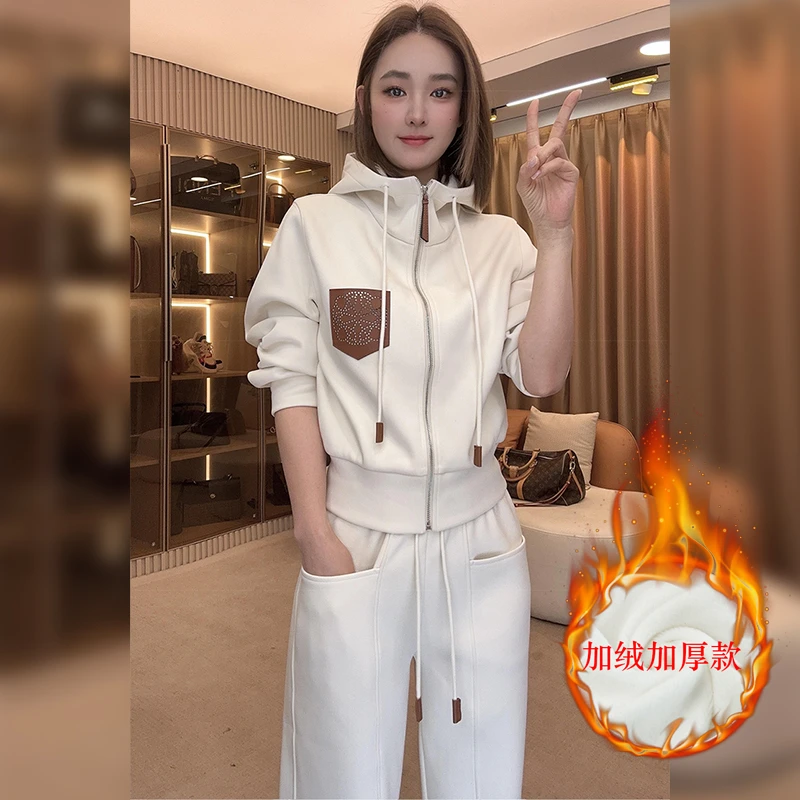 欧货加绒套装女2024年冬季新款时尚减龄连帽外套休闲运动裤两件套