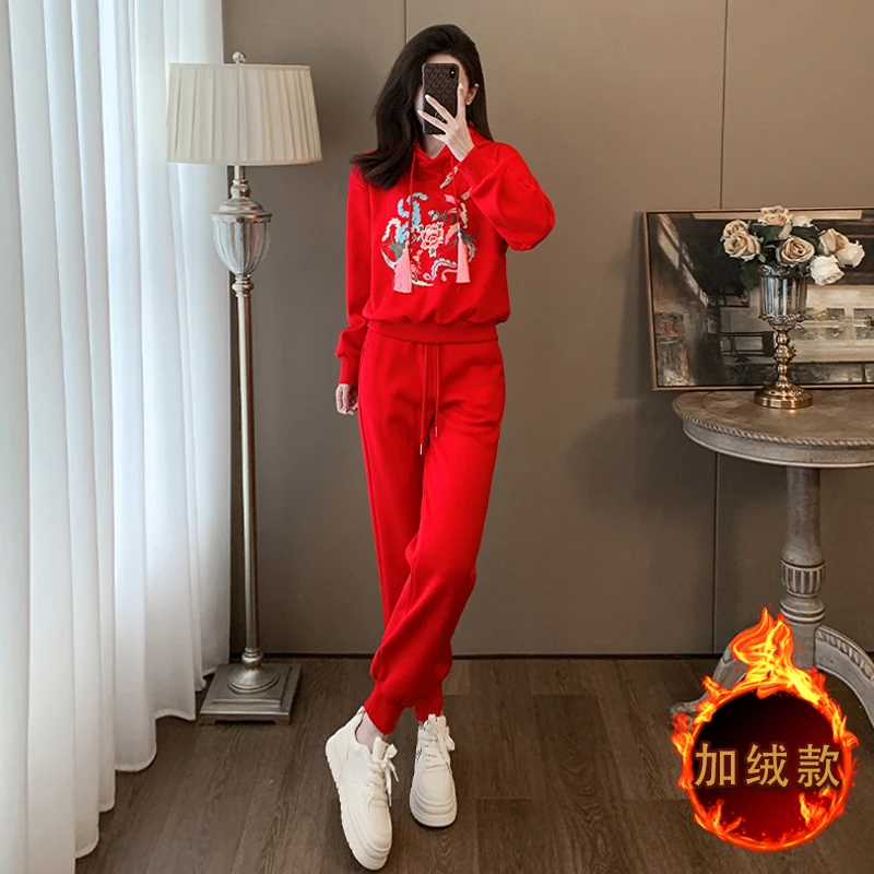 仙梦语秋冬加绒连帽卫衣套装红色本命年新年战袍休闲跳舞团队服装
