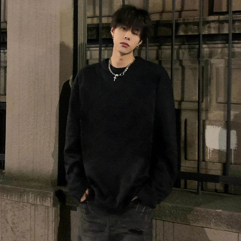 加绒加厚圆领毛衣男冬季慵懒风宽松冬季针织内搭打底衫秋冬男士潮