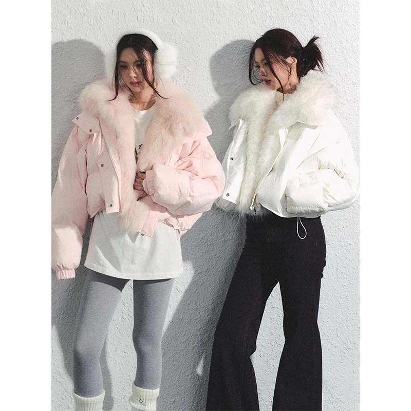 RECOIN R1C白粉双色海军毛领冬季短款连帽羽绒服45RSY12