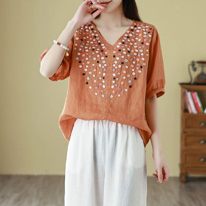 2024夏季新款五彩斑斓休闲棉麻刺绣宽松V领五分袖波点百搭衬衣女