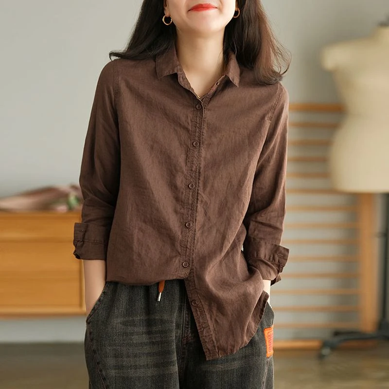 2025春秋纯色棉麻衬衫女翻领宽松休闲百搭衬衣长袖气质打底上衣女