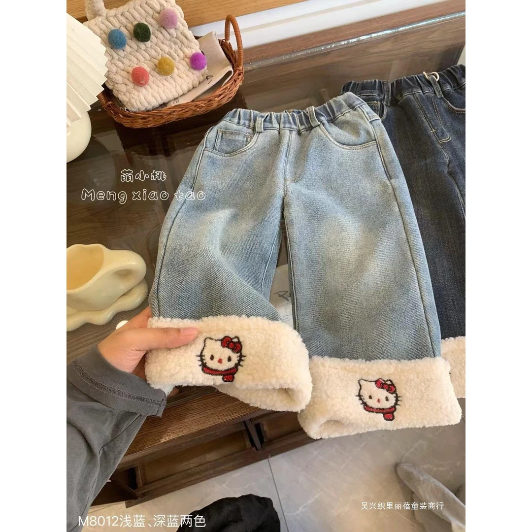 2024新加绒加厚保暖冬款刺绣韩版时尚百搭外穿洋气女童加绒牛仔裤