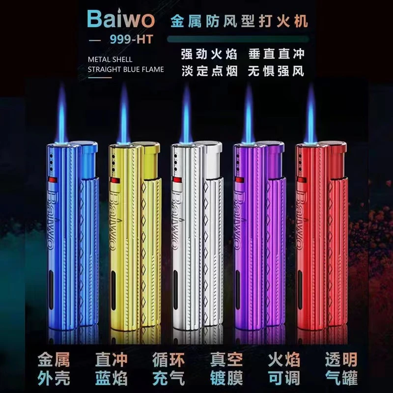 百沃999-T 充气刻字广告印刷logo金属防风直冲蓝焰打火机厂家直销