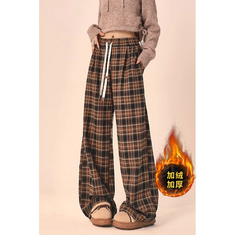 自然涩咖色加厚格子休闲裤女春秋松紧腰直筒宽松垂感阔腿裤子冬季