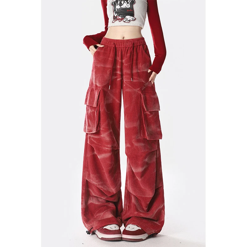 自然涩红色灯芯绒工装裤女秋冬季美式垂感直筒休闲阔腿酷酷长裤子