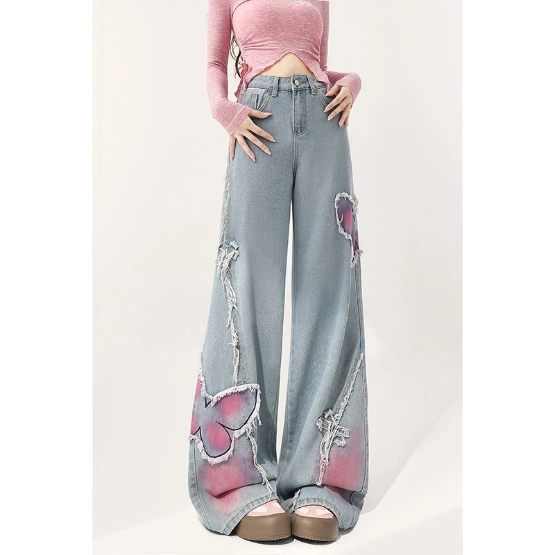蝴蝶毛边阔腿牛仔裤女早春美式胖mm高腰老钱风松弛感女装
