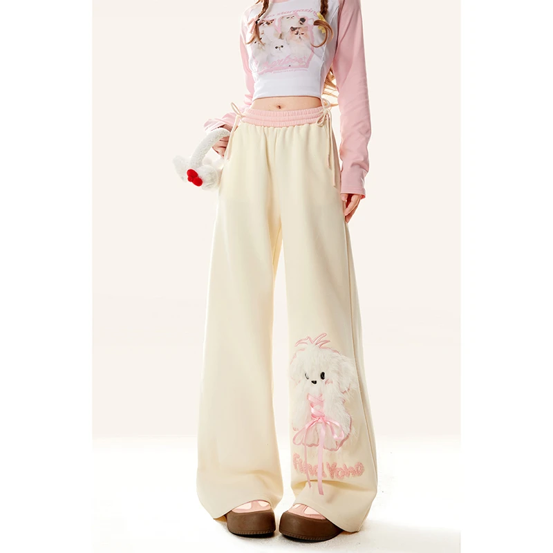 自然涩卡通小狗阔腿休闲卫裤女春秋新款直筒宽松运动裤子冬季