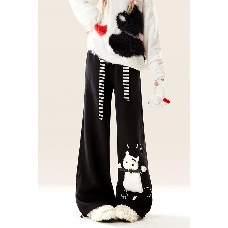 自然涩猫咪刺绣休闲运动裤女新款春季早秋黑色宽松直筒阔腿长裤子