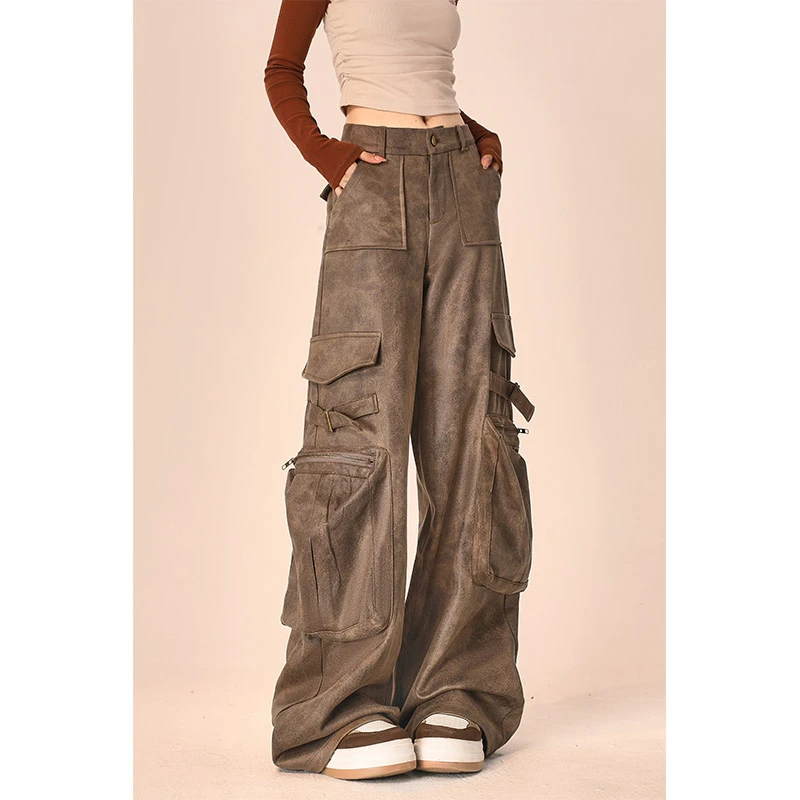 自然涩美拉德棕色工装皮裤女春秋复古高级感直筒宽松阔腿休闲裤子