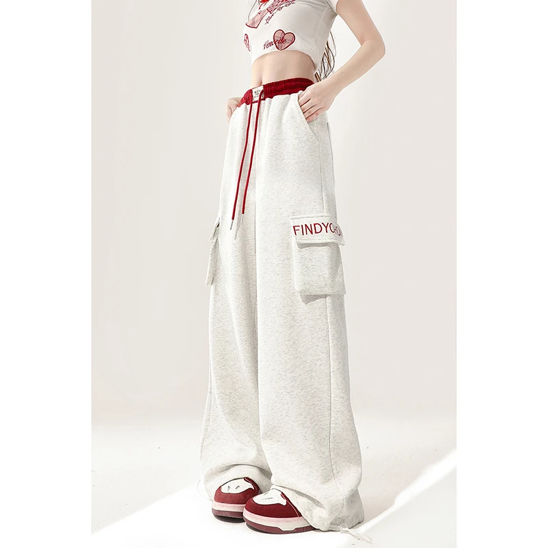 自然涩灰色拖地运动卫裤女秋季直筒休闲宽松阔腿美式工装休闲裤