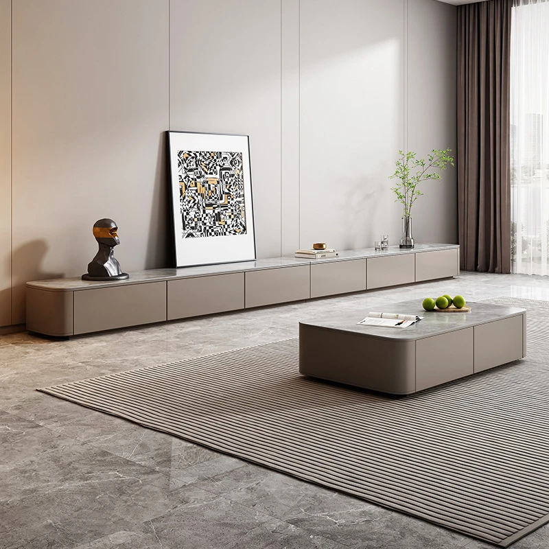 畔夏实木岩板落地电视柜轻奢茶几组合现代简约客厅家用新款地台柜