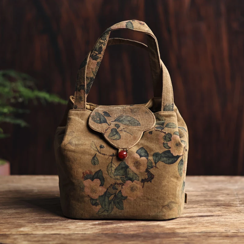 【知艺山房】<山茶花>绢纺香云纱如意茶事包18*15*15cm（慢蓝S0165）
