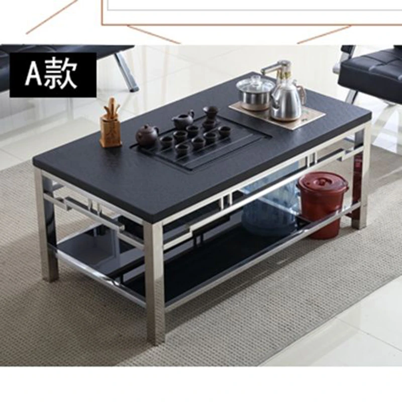 简约现代火烧石不锈钢功夫茶几家用客厅办公茶台茶具一体茶桌全套