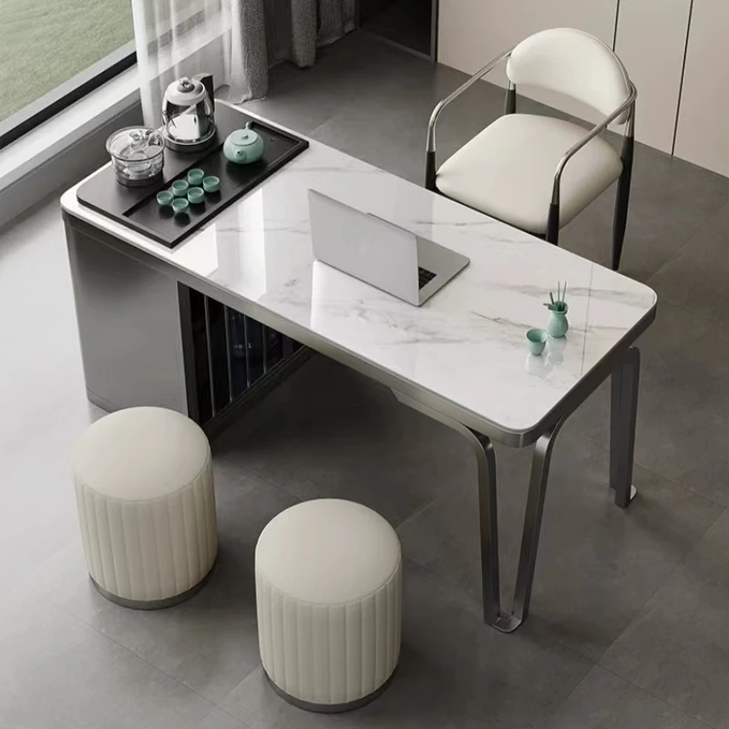 阳台岩板茶桌椅组合现代简约客厅家用茶桌书桌一体不锈钢茶几套装