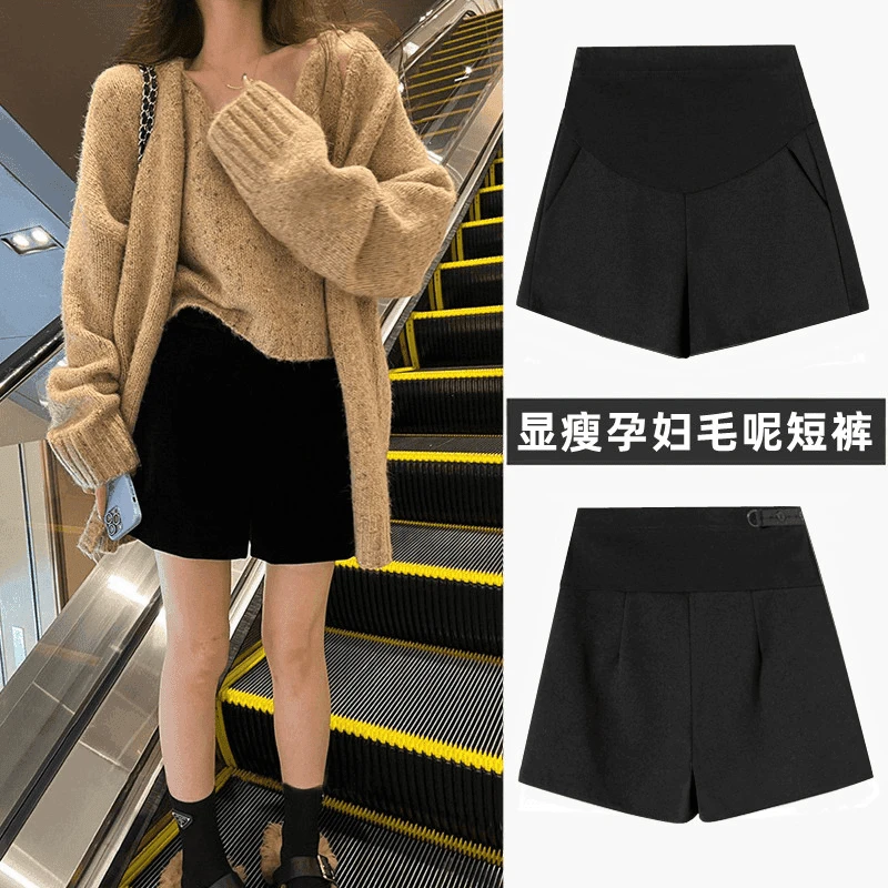 秋冬孕妇短裤外穿托腹毛呢短裤打底裤小个子孕期遮肚黑色阔腿裤子