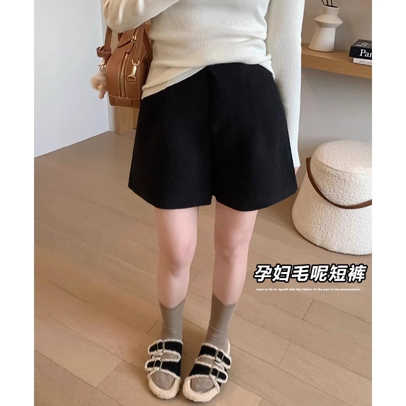 孕妇短裤黑色托腹毛呢孕期辣妈打底阔腿三分裤子休闲产前靴裤秋冬