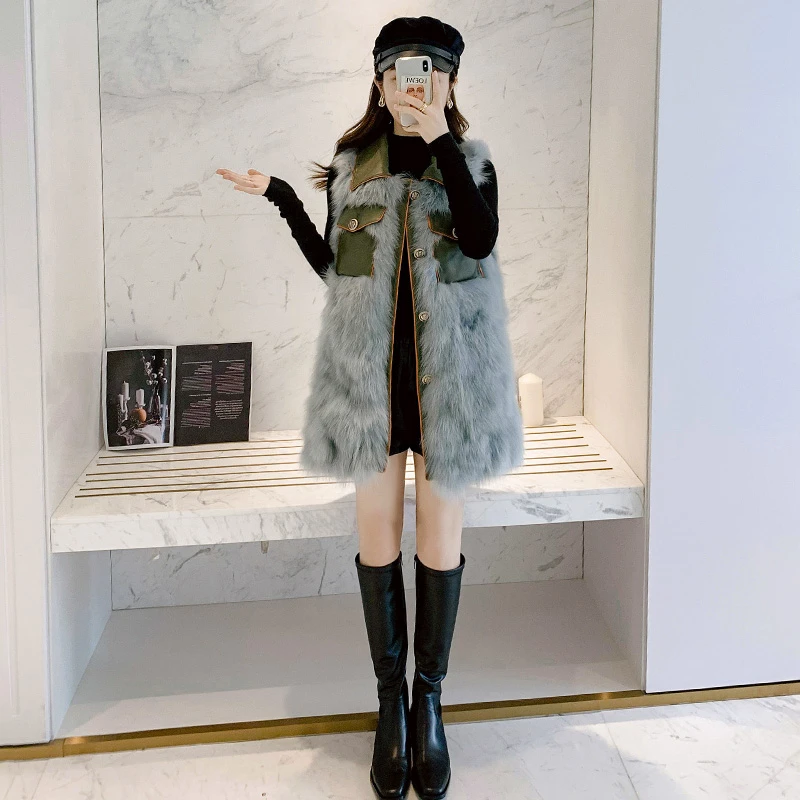 韩版时尚冬季马甲女士中长款网红宽松毛毛马甲名媛风中年百搭新款