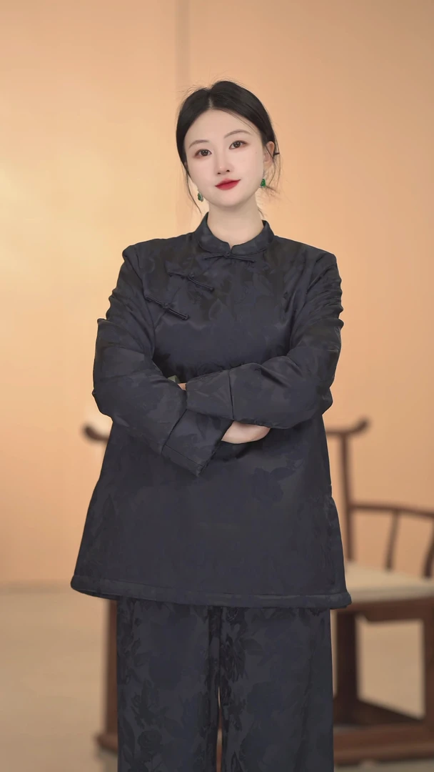 【藏青套装】长袖网红百搭复古国风立领新中式宽松女士双面斜襟提花