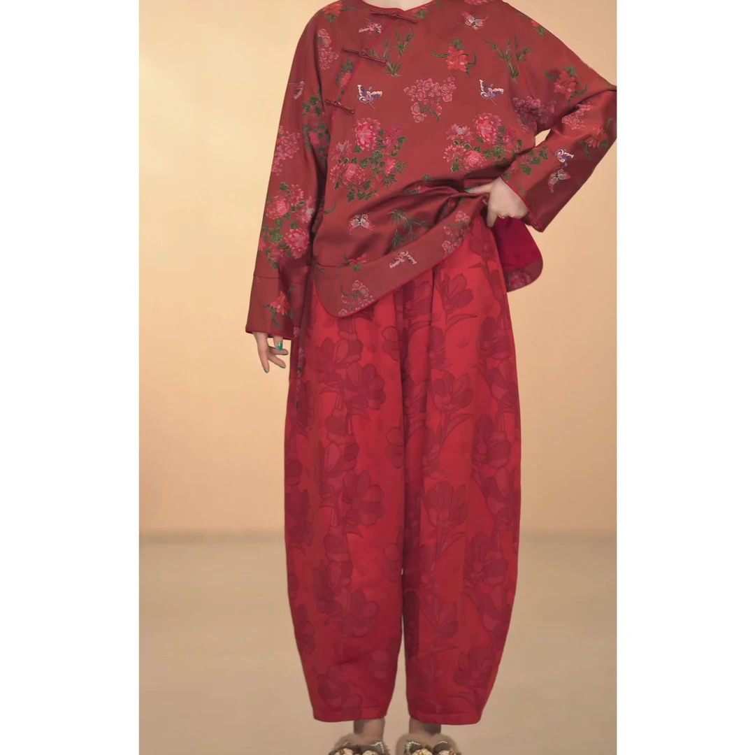 【紫藤花 灯笼裤】加里衬显瘦秋冬宽松格高腰冬季加厚时尚百搭红色