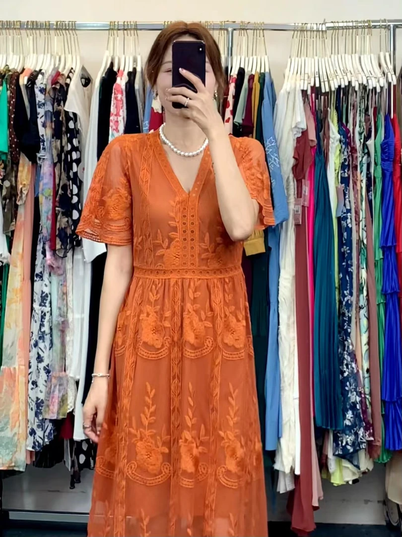 刺绣蕾丝长款连衣裙LL