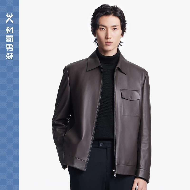 【劲霸男装】翻领绵羊皮真皮外套男休闲帅气皮衣茄克|BPLT3314