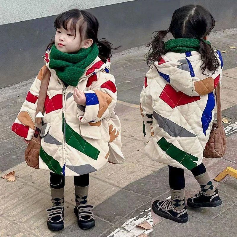 韩版儿童棉衣2023秋冬男女炸街韩版几何图案棉服外套潮童保暖棉袄