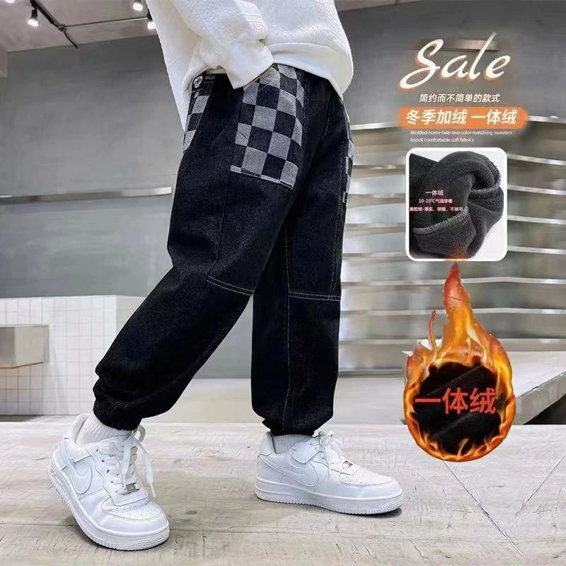 加绒洋气牛仔裤秋冬款2024新款中大童潮流裤子加厚一体绒儿童长裤